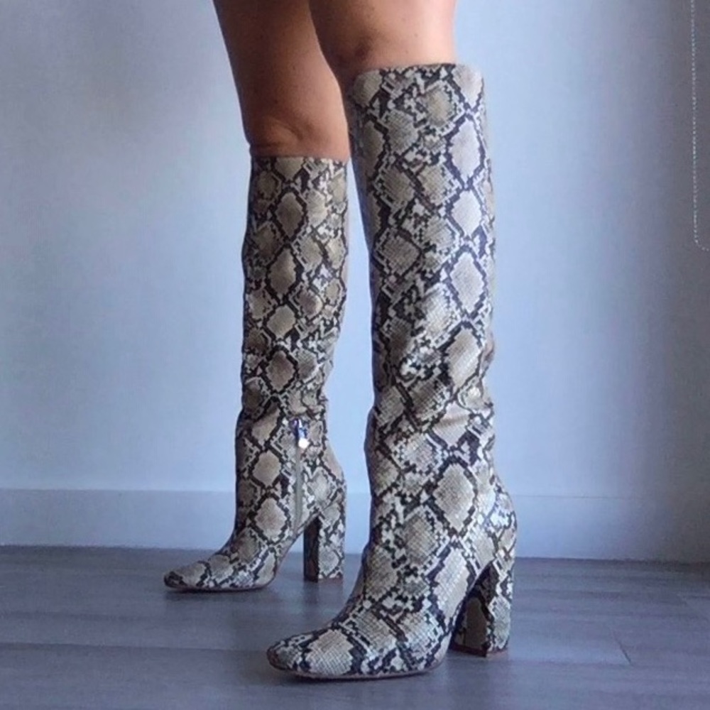 ZARA Tan Snake Print Knee High Heeled Boots